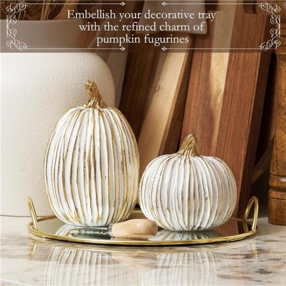 Set of 2 White and Gold Fall Pumpkins Artificial Resin Pumpkins Figurines - Picture 4 of 7